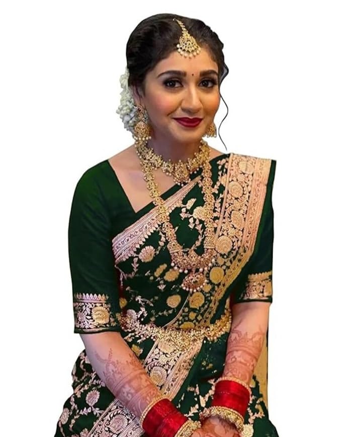 Women's Pure Soft Kanjivaram Silk Saree Banarasi Design Wear kanchipuram Pattu Sarees Latest Party Cotton Sari With Blouse Piece for Wedding sadi new ladies 2023 2024 (Pari164 Green)-image-31