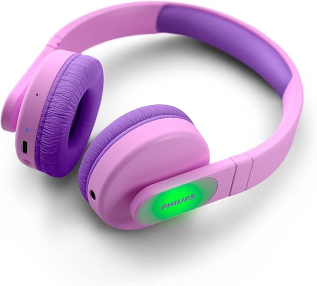 Philips Kids Wireless On-Ear Headphones, Volume Limited Wireless Bluetooth Kids Headphones, Children Wireless Headphones, 28 Hours Play Time, Colourful Design & Lightweight, Pink & Purple with Lights