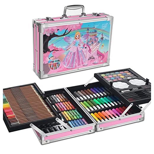 MIAOKE Juego de arte de 145 piezas, caja de aluminio de lujo y kit de dibujo con lápices de colores, marcadores, pinturas de acuarela, crayones, lápices HB, pincel, bloc de bocetos de 18 hojas