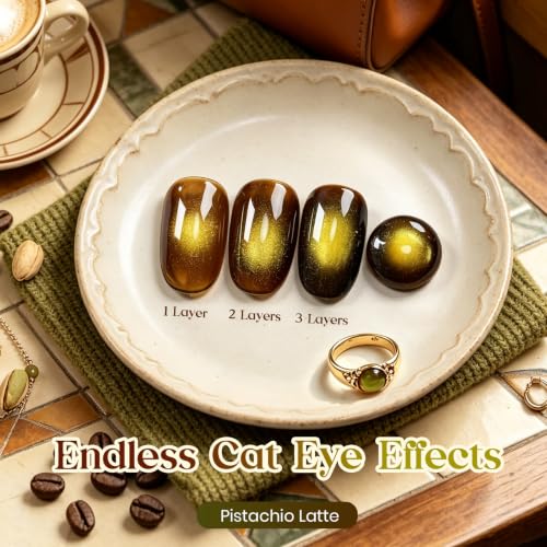 Image of Beetles Pistachio Latte Cat Eye Gel Polish - Brown Base Green Magnetic Glow | 15ml Fall Brown Cat Eye Gel Green Magnetic, Glass Shimmer Effect Soak Off UV Nail Polish for DIY Nail Art Salon Manicures