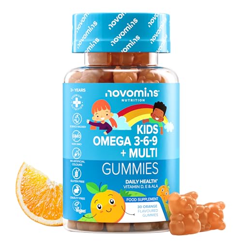 Omega 3 Kinder - 30 Gummibärchen - Vegan Alternative zu Fischöl & Algenöl - Omega 9 6 3 Vegan - Omega 3 für Kinder - mit Perillaöl Vitamin D & E - 1 Monatsvorrat - Novomins