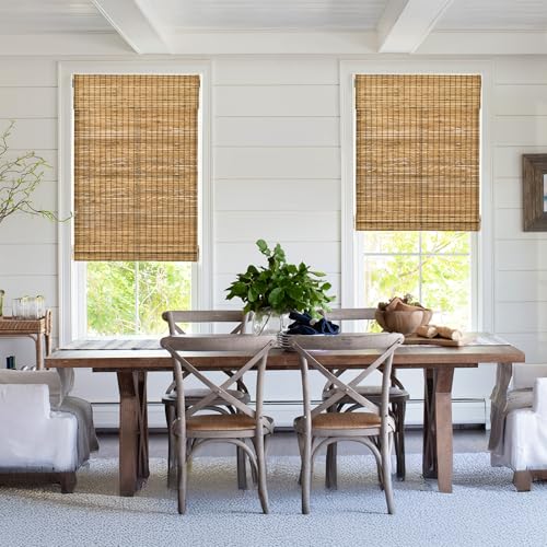 Image of LazBlinds No Tools No Drill Cordless Bamboo Roman Shades, Light Filtering Window Treatment, Roll Up Bamboo Blinds for Windows 23'' W x 64'' H, Eastfield Teak
