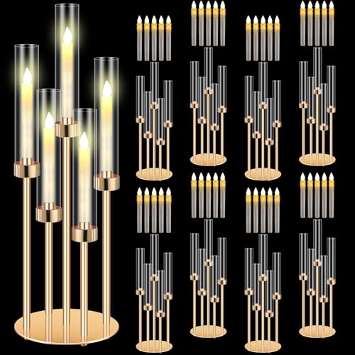 Tandefio 8 Set 5 Arm Gold Candelabra Table Centerpiece with LED Candle 26.8? Tall Acrylic Candle Holder with Lampshades Fit 0.8 for Wedding, Church Ceremony, Anniversary, Birthday, Dinner, Party