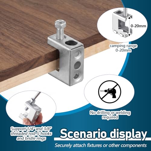 Image of Tandefio 100 Pcs 1 /4 inch-20 Spring Steel Beam Clamps Metal Beam Hangers Bolt on Clamp for Installation on Beams 1 /4 inch and 3 /8 inch Threaded Rod, S Hooks Bridle Rings for Pipe Cable Woodworking Tool (Silver)