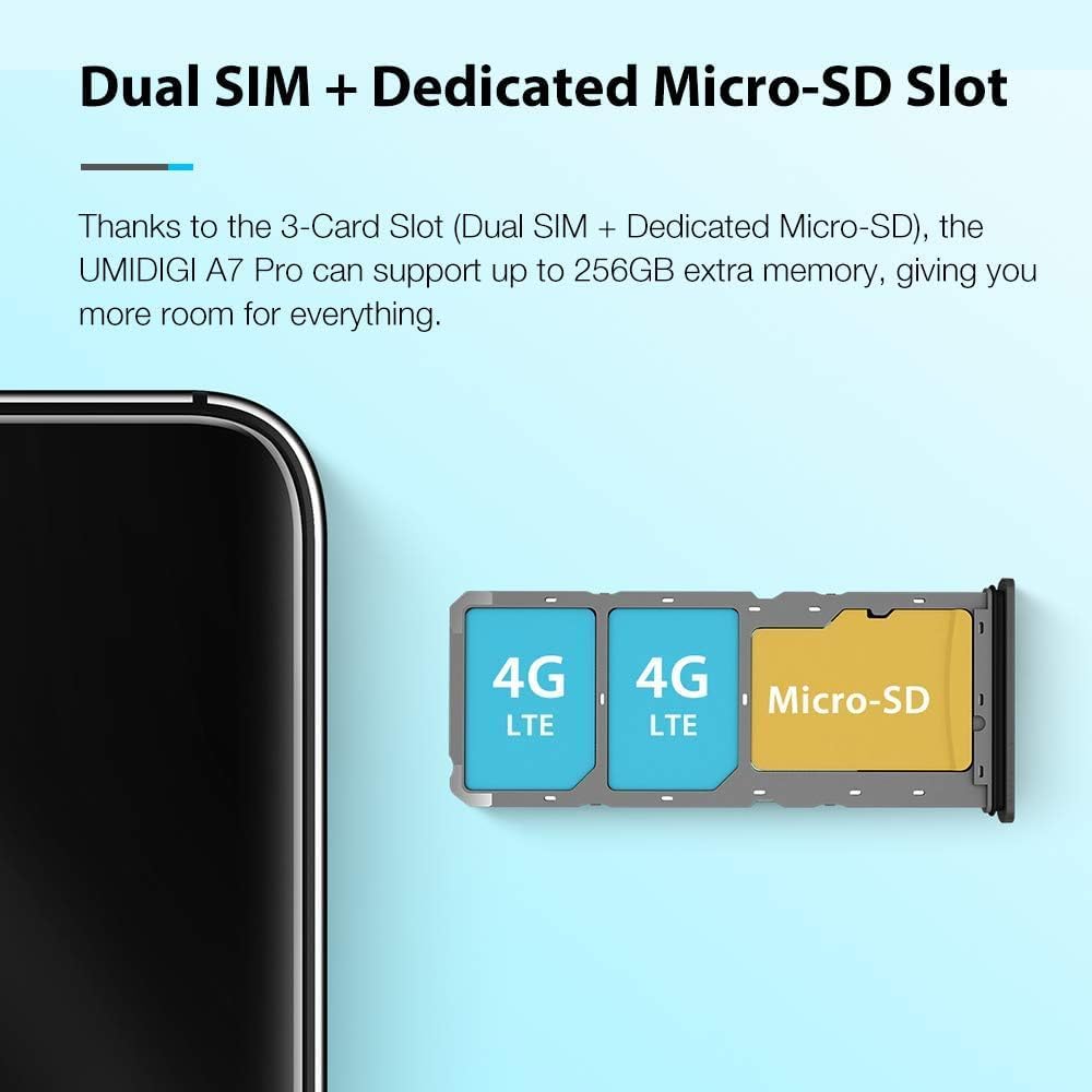 UMIDIGI Smartphone 2.4 K Schermo 6.3" FHD+, 64GB ROM, 16MP+16MP+5MP+5MP | 4150mAh, 4G Dual SIM,4GB RAM Android Telefono cellulare,Face ID/Fingerprint/GPS/OTG, A7 Pro Blu