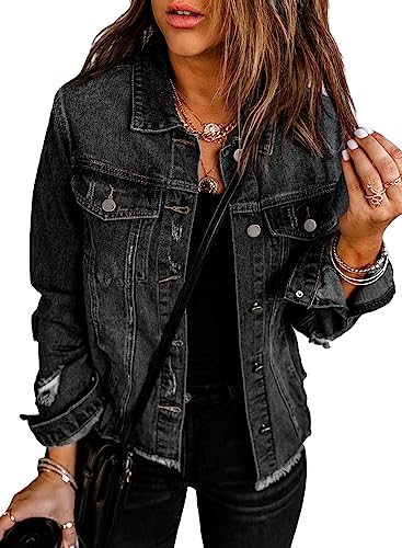 EVALESS Ladies Ripped Distressed Boyfriend Trucker Jacket Coat 2025 Trendy Fall Winter Washed Solid Color Long Sleeve Denim Jacket Black Medium