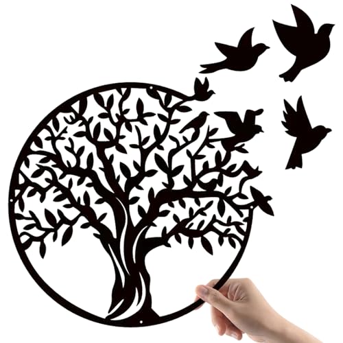 Luccyle Metal Wall Art Decoration, Metal Tree of Life Wall Art Decoration Silhouette, Family Tree with Birds on Branch, Wall Decorations for Home, Bedroom, Living Room, Kitchen (Black, 49 x 49 cm)