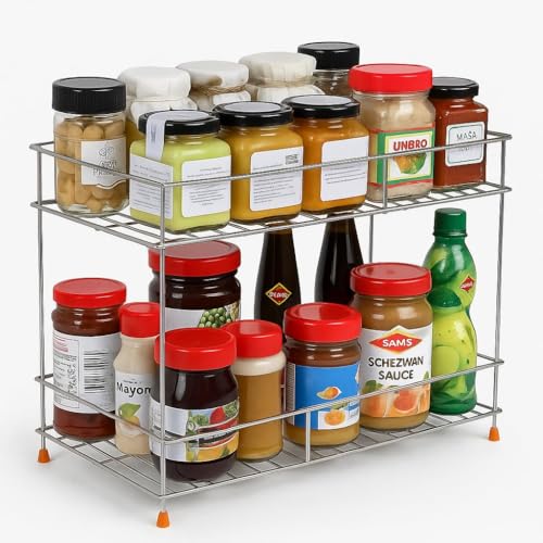 2-Tier Stainless Steel Kitchen Storage Spice Rack and Container Organizer Counter top Pantry Stand Multipurpose Masala K...