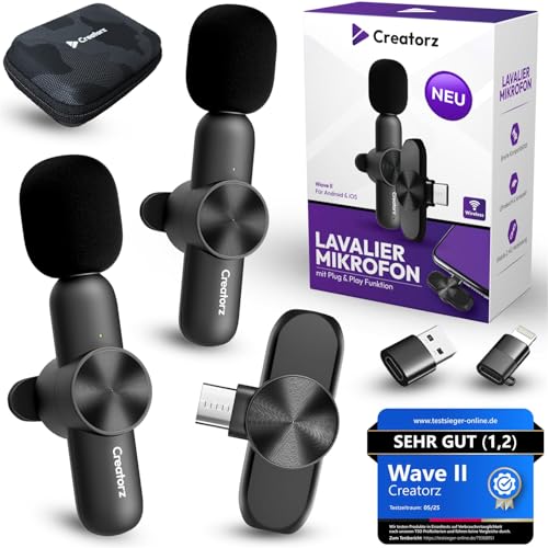 Creatorz® Wave II Lavalier Mikrofon [TESTSIEGER] Ansteckmikrofon für iPhone/Android/PC –...