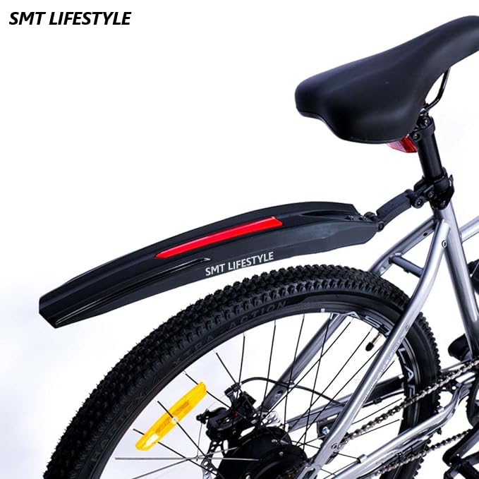 Image of Mudguard for Cycle, Black Front & Rear Bicycle Fender Mudguard Set for 26.5 and 27 Wheels, Durable, Lightweight, Protects Against Mud and Water Splashes (Red Accent)