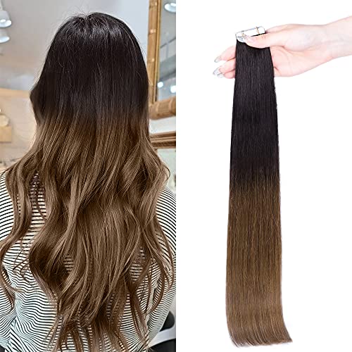 Maxfull Ombre Tape In Remy Hair Extensions Human Hair Black to Brown, Super Invisible Silicon Glue In Seamless Hair Extensions, 20pcs, 16inch, 50g