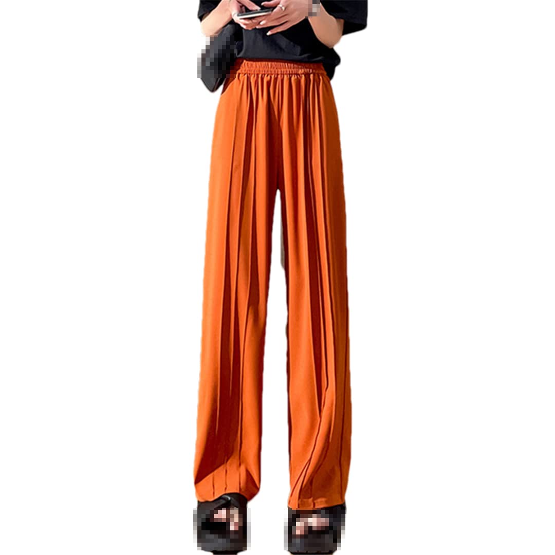 ERFMFKL Women Wide Leg Pant High Waist Loose Straight Cylinder Elastic Waist Casual Ladies Trousers