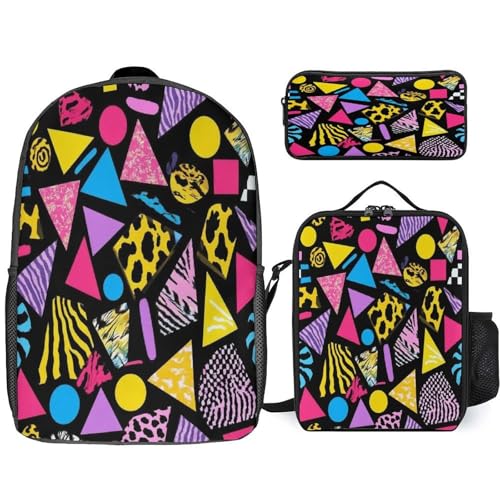 Unisex Fashion 3 Pcs Set, Large Capacity Black Retro 80s 90s Backpack, Pencil Pouch Easy to Clean, Lunch Bag for Work