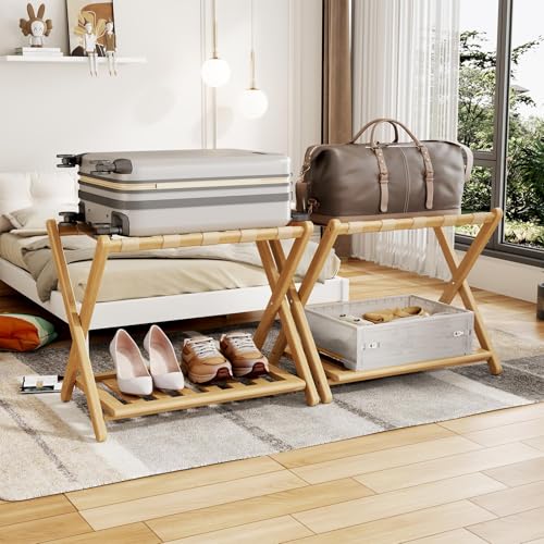 Catálogo de Tiendas de maletas , tabla con los diez mejores. 43 Oakvora - Portaequipajes para habitación de invitados, juego de 2 soportes plegables para veliz con 5 correas de nailon, soporte para equipaje con estante para zapatos para...