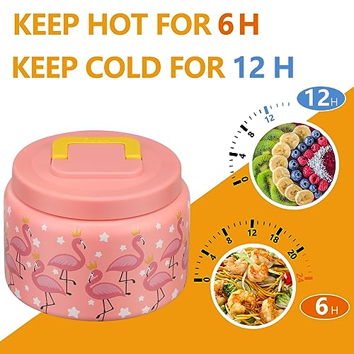 Image of PIQUEBAR 8oz Kids Thermo for Hot Food,Small Lunch Thermo Food Container Stainless Steel,Easy Open Wide Mouth Thermo for Hot Cold Food for Preschool Travel (Pink Flamingos)
