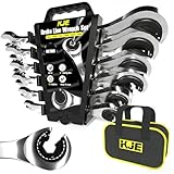 KJE 6PCS Metric 10-17mm Ratcheting Flare Nut Wrench, Brake Line Wrench Set, Ratcheting open end Tubing Wrench Set, 72-Tooth, CR-V, for Nuts on Fuel, Brake or Air Conditioning Lines, Gifts for Men