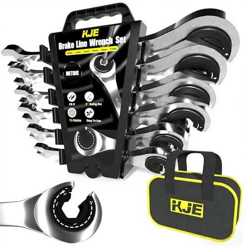 KJE 6PCS Metric 10-17mm Ratcheting Flare Nut Wrench, Brake Line Wrench Set, Ratcheting open end Tubing Wrench Set, 72-Tooth, CR-V, for Nuts on Fuel, Brake or Air Conditioning Lines, Gifts for Men