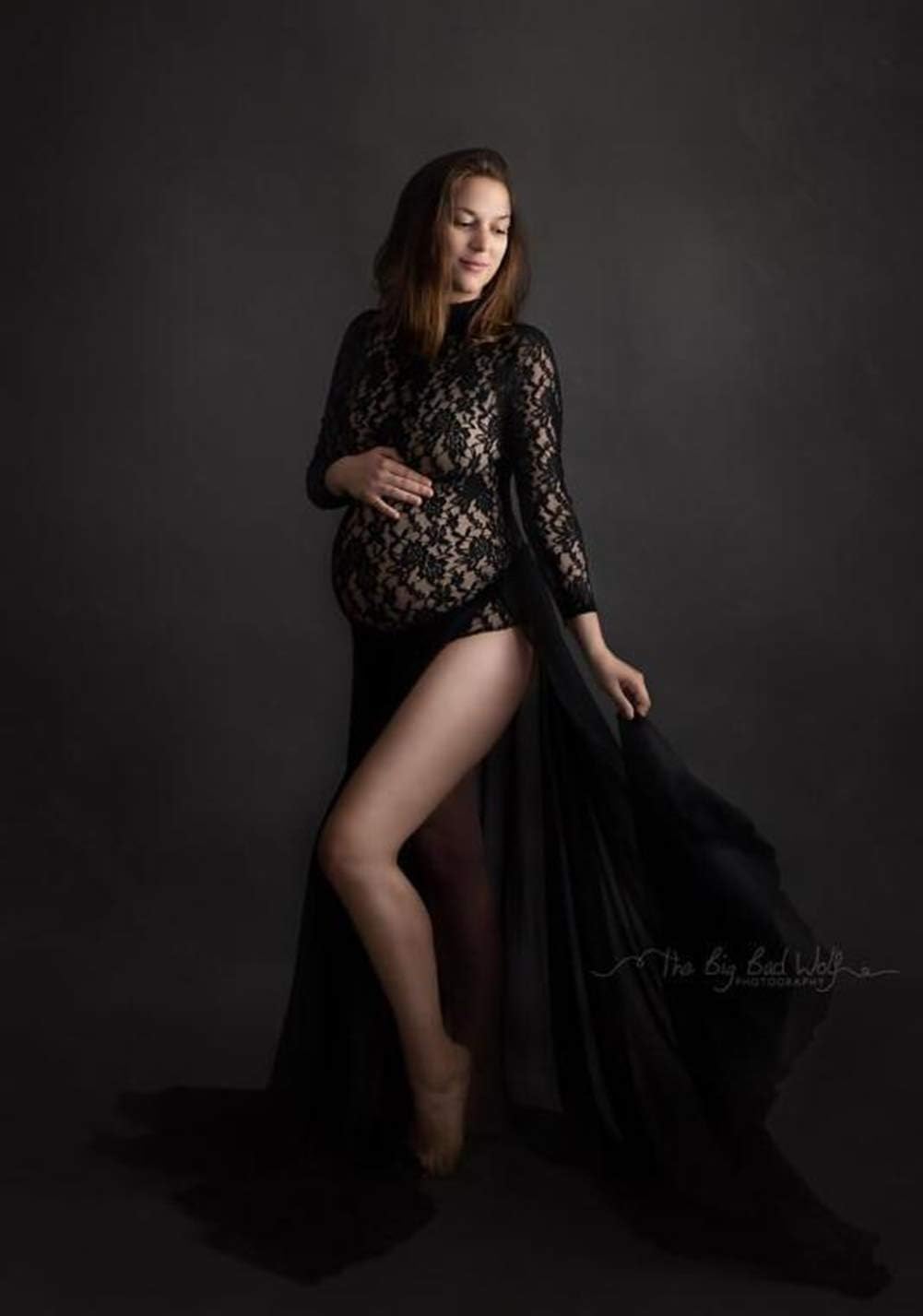 ZIUMUDY Long Sleeve Lace See-Through Maternity Gown for Photography with Maxi Chiffon Skirt Photo Shoot Dress - Image 4