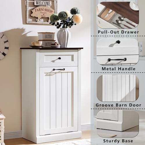 Image of IFGET Tilt Out Trash Can Cabinet, Trash Cabinet w /Drawer, Antique White