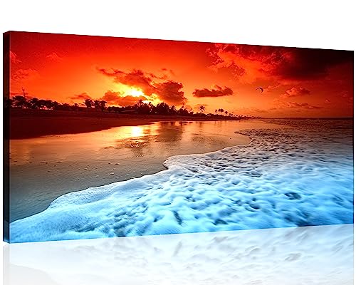 TutuBeer 1 Panel Beach Pictures Wall Decor Beach at Sunset Ocean Pictures Print on Canvas Ocean Picture Wall Decor Ocean Art for Home Decoration Stretched and Framed 12" x 24" x 1 Piece