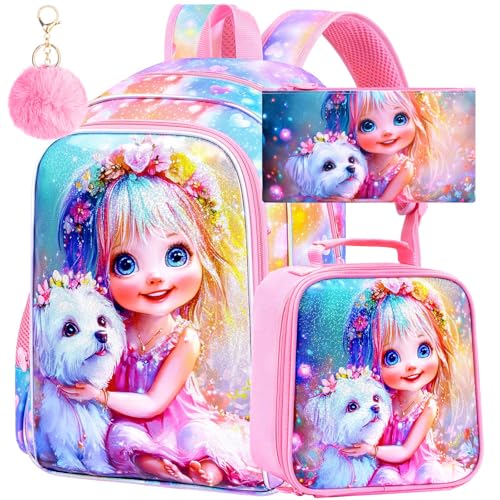 Image of 3Pcs Dog Backpack for Girls, 16 inch Kids Bookbag with Lunch Box，School Backpacks for Elementary Preschool Kindergarten (Pink)