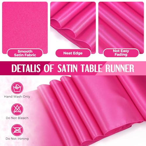 Image of Breling 8 Pack White and Hot Pink Disposable Plastic Tablecloths and Satin Table Runner Set, 54 x 108 Inch Tablecloth, 12 x 108 Inch Table Runners for Birthday Baby Shower Wedding Graduation