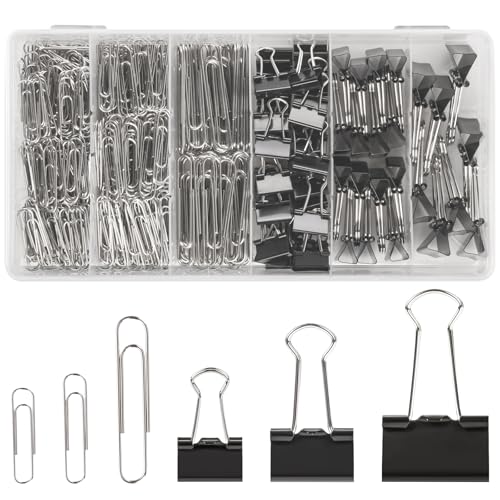 500PCS Paper Clips and Binder Clips Assorted Sizes,Silver Paper Clips & Black Binder Clips for Home, School, Office Supplies