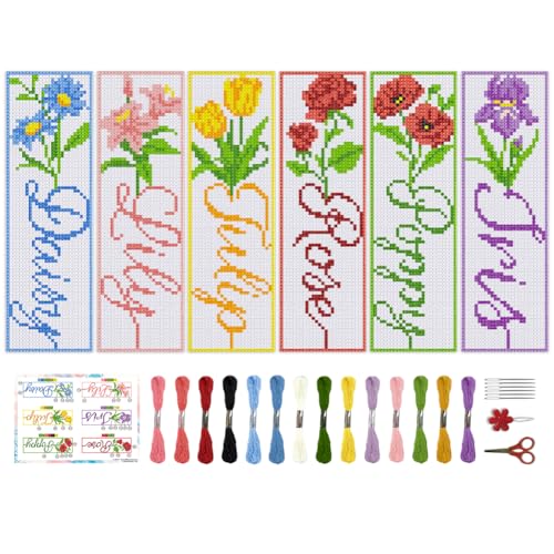 Image of BEUNITONE 6 PCS Cross Stitch Bookmark Kit for Adults Beginners,Text and Flowers Pre-Printed Cross Stitch,DIY Stamped Embroidery Bookmark Kits,with Instructions,Craft Kit for Book Lovers 8.5''x3''