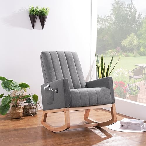 VECELO Rocking Chair Nursery, Modern Upholstered Glider Rocker with USB Port and Side Pocket, High Backrest Padded Seat Accent Armchair for Living Room, Nursery, Bedroom