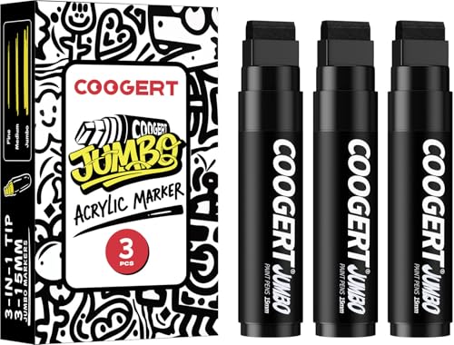 Coogert 3Pcs Black Jumbo Poster Markers 15MM Thick Permanent Acrylic Graffiti Markers Wide Tip Paint Marker for Canvas Posters Board Fabric Window Glass Wood Teachers Banner painting supplie