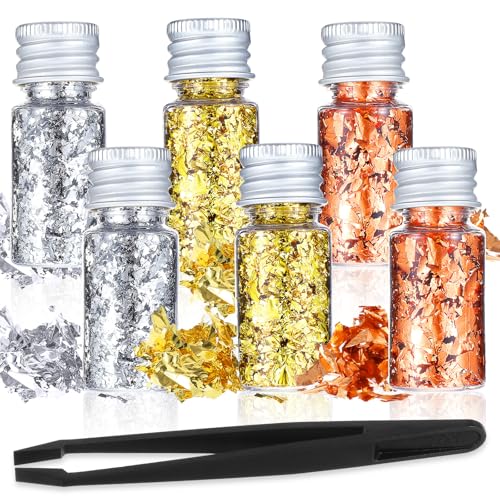 6Pcs Decorative Flakes Multifunction Gold Cake Decoration Flakes Baking Goldlen Foil Decor Imitation Metallic Goldlen Gilding Foil Decor for Cooking Dessert Decoration Crafts Makeup (Three Colors)