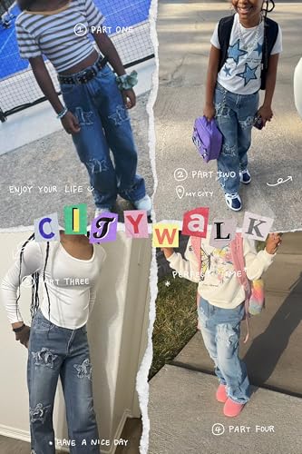 Image of Jeans for Girls Baggy Wide Leg Cute Bow High Elastic Waisted Denim Pants Y2K Boyfriend Skater Streetwear 7-14Y