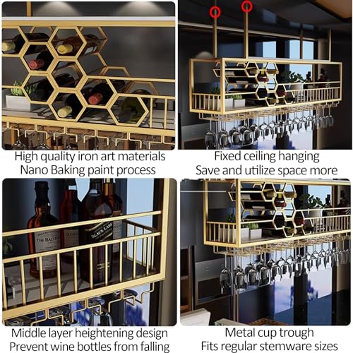 Support de vin suspendu avec support de verre et étagère de présentation pour bouteilles d'alcool - 7