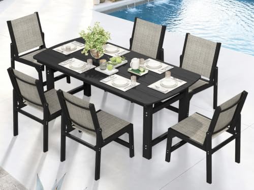 Image of Ciokea HDPE Outdoor Dining Set, Patio Table and 6 Stackable Chairs, Black | All-Weather Furniture Set with 2 inch Umbrella Hole and Armless Chair. Breathable Teslin Fabric Suitable for Outdoor Leisure.