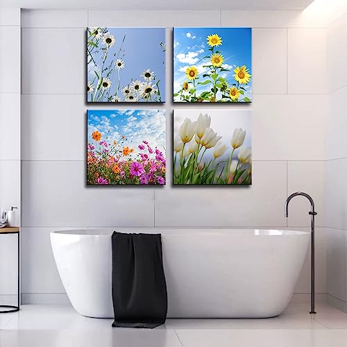 Image of Colorful Floral Canvas Wall Art for Bathroom Decor, Yellow,Purple and White Flowers Artwork Prints Modern Pictures Framed for Living Room Bedroom Office Decoration - 12 inch X 12 inchx4 Pieces