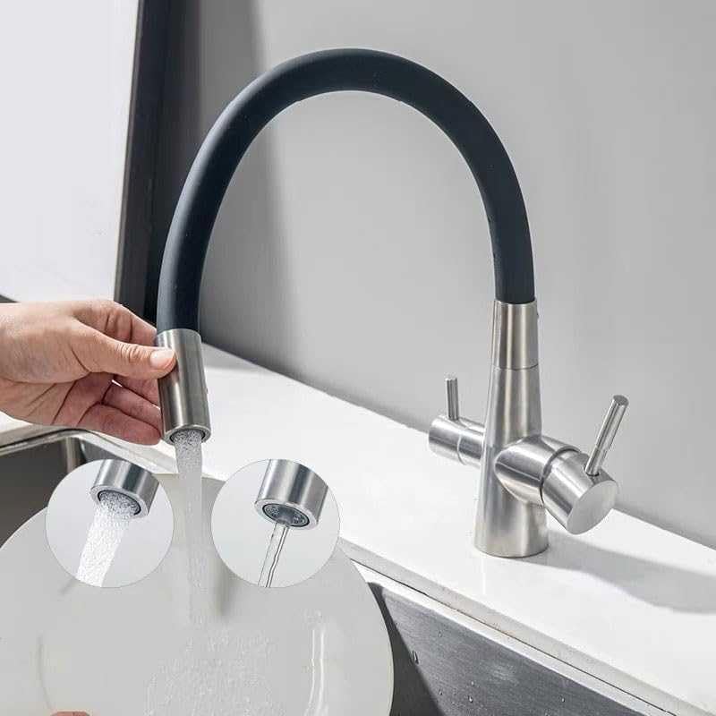 Grifo de filtro de agua de 3 vías, grifo mezclador de fregadero de acero inoxidable, grifo mezclador de cocina de 1 agujero, boquilla giratoria, 2 salidas de agua, grifo mezclador cepillado para