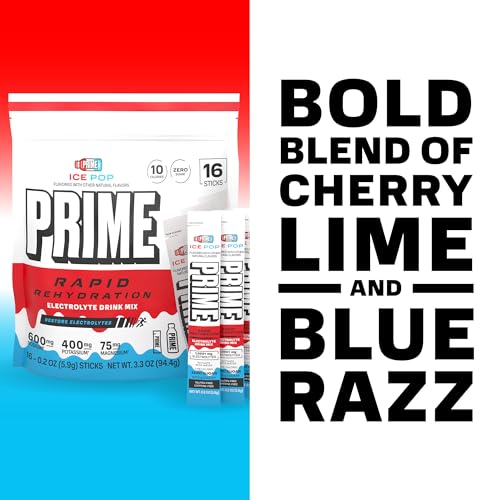 Image of Prime Rapid Rehydration Electrolyte Powder Sticks, Ice Pop, Sugar Free Hydration Drink Mix with Sodium, Potassium, Magnesium & B Vitamins to Replenish Fluids, Caffeine Free, 16 Count