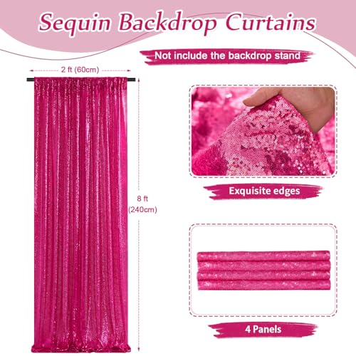 Image of 4 Pieces 2FTx8FT Fuchsia Sequin Backdrop Curtain Panels Stage Backdrop Background for Christmas Party Decoration Wedding Party Background Drapes