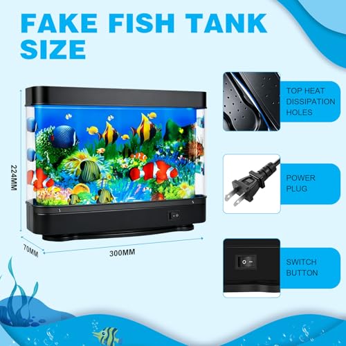 Image of Fake Fish Tank,Virtual Ocean Moving Fish lamp,Fake Aquarium Decor,Realistic Artificial Aquarium Decorations for Bedroom & Office(Black)