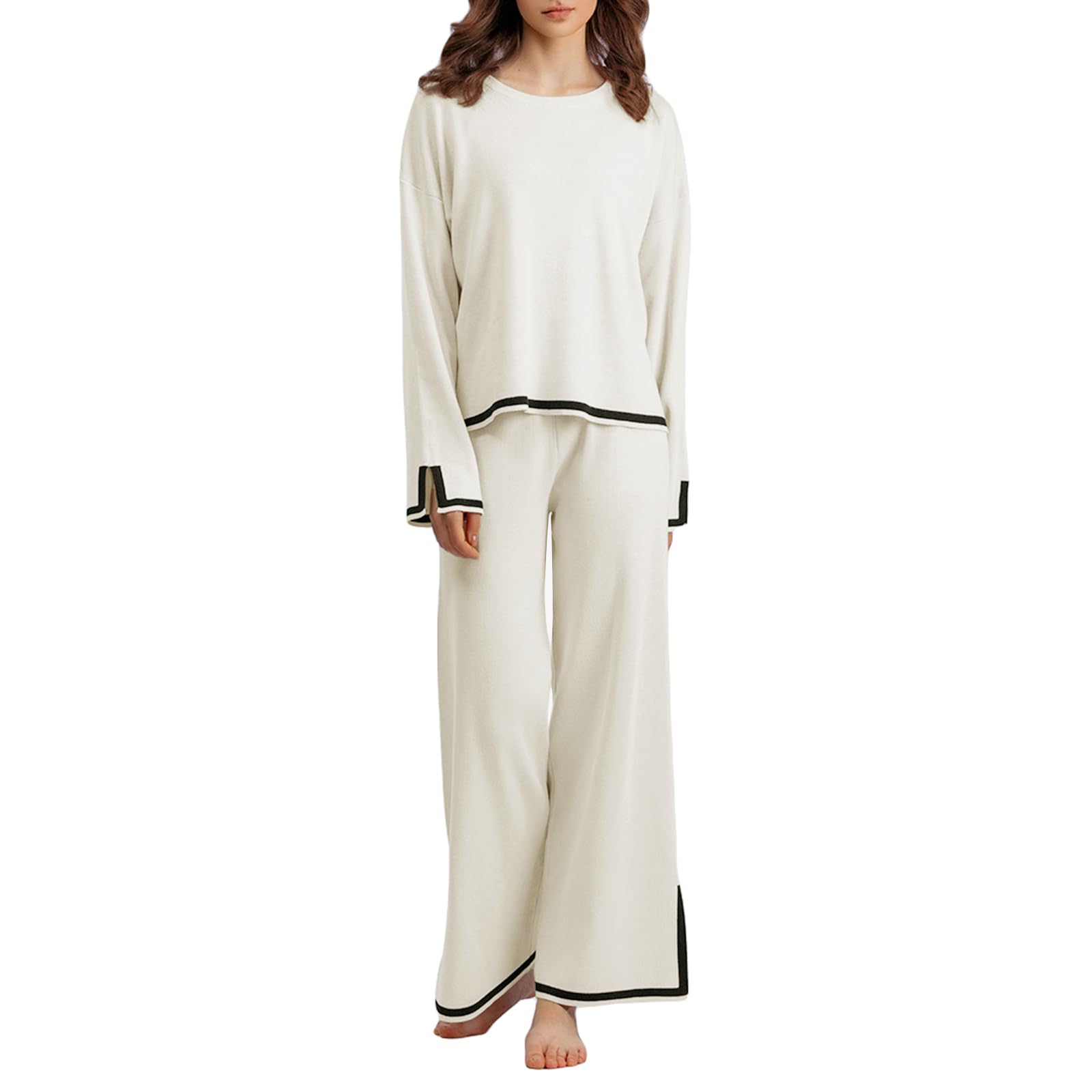 Ensemble Tricoté Femme Pull Top Manches Courtes et Pantalon Large Tenue Détente Vêtements de Nuit Décontracté 2 Pièces Loungewear Set