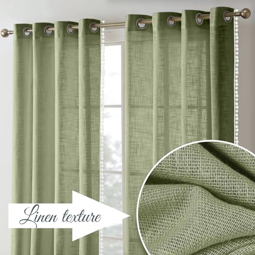 Image of THE LINEN COMPANY Cotton Sheer Grommet Curtains with Side Border Pompom Sheer Curtain for Window Linen Textured, Light Filtering, Pack of 2 (Avocado Green, 5 Feet)