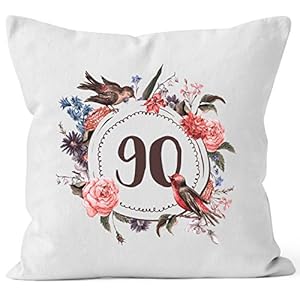MoonWorks Kissen-Bezug Geburtstag 90 Geschenk-Kissen Blumen Blüten Blumenkranz Bordüre Kissen weiß Unisize