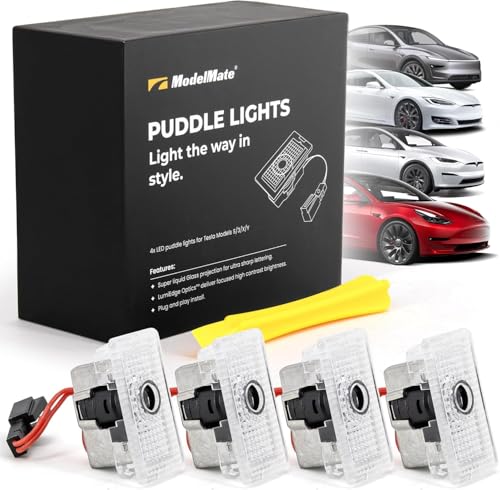 Tesla Logo Puddle Lights for Car Door (4 Pack) HD LED Puddle Lights Compatible w/Model 3 & Y (NOT Standard) X & S Pre 2021 Premium Tesla Door Logo Projection Lights Easy Installation Car Accessories