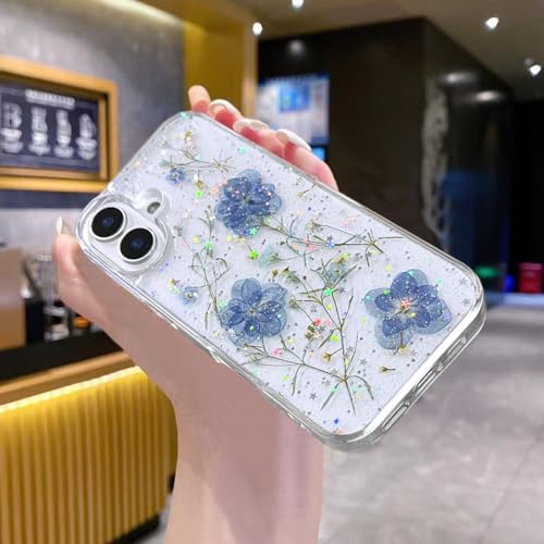 Coque iPhone 16 antichoc fleur bleue pailletée fine et esthétique - 7