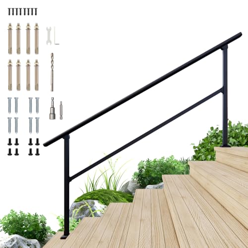 DIYHD 7 Step Handrail for Outdoor,Powder Coated Iron Stair Railing,Black