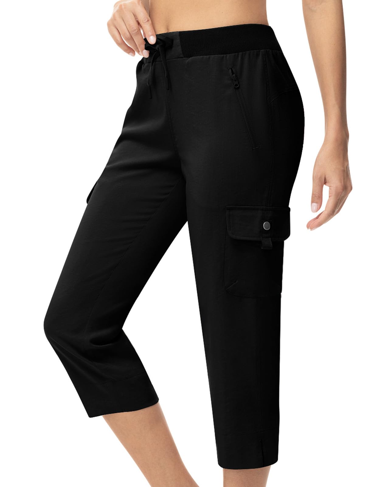 TBMPOY Women's Capri Pants Lightweight Quick Dry Hiking Cargo Pockets Casual Water Resistant Travel Cropped Cotton Black XL
