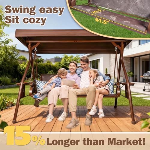 Image of ZZW 3 Person Patio Swing Outdoor Swing for Adults with Adjustable Canopy &Upgraded Cup Holders Textilene Fabric Porch Swing Chair with Stand Heavy Duty 800 LBS