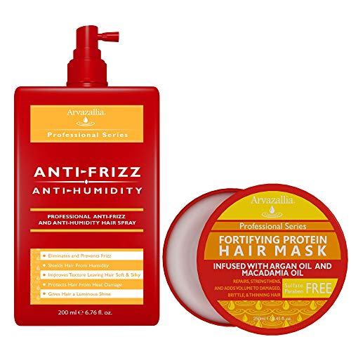 Fortifying Protein Hair Mask and Anti-Frizz Anti-Humidity Spray Treatment Bundle - Professional Frizz Control and Deep Conditioning for Soft, Gorgeous, Frizz-Free Hair by Arvazallia