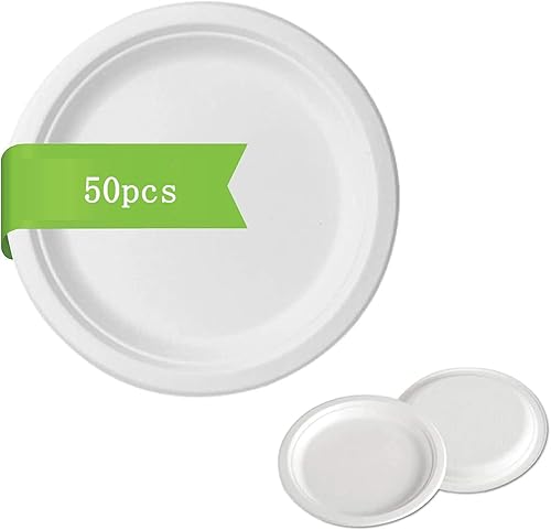 Miniatura 1 de Atojrro Plato de comedor desechable, 50 platos de comedor blancos resistentes, plato de comedor desechable de bagazo de caña de azúcar natural