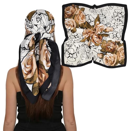 EXTREE Women's 35 inch Fashion Headscarf Silk Satin Scarf for Hair Wrapping at Night Bandana Square Scarf for Sleeping Champagne Peony
